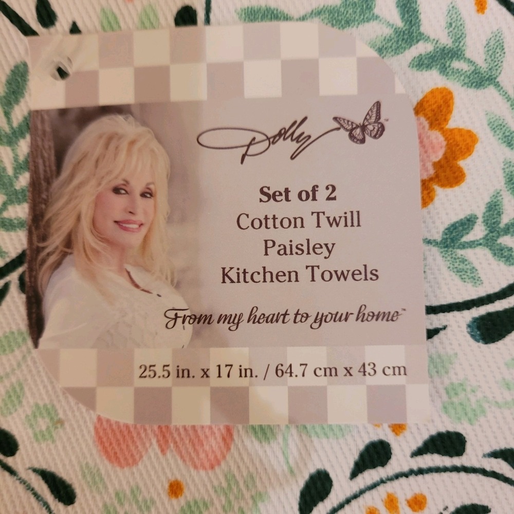 Dolly Parton Set of 2 Cotton Twill Paisley Kitchen Towels Pink Butterfly Floral